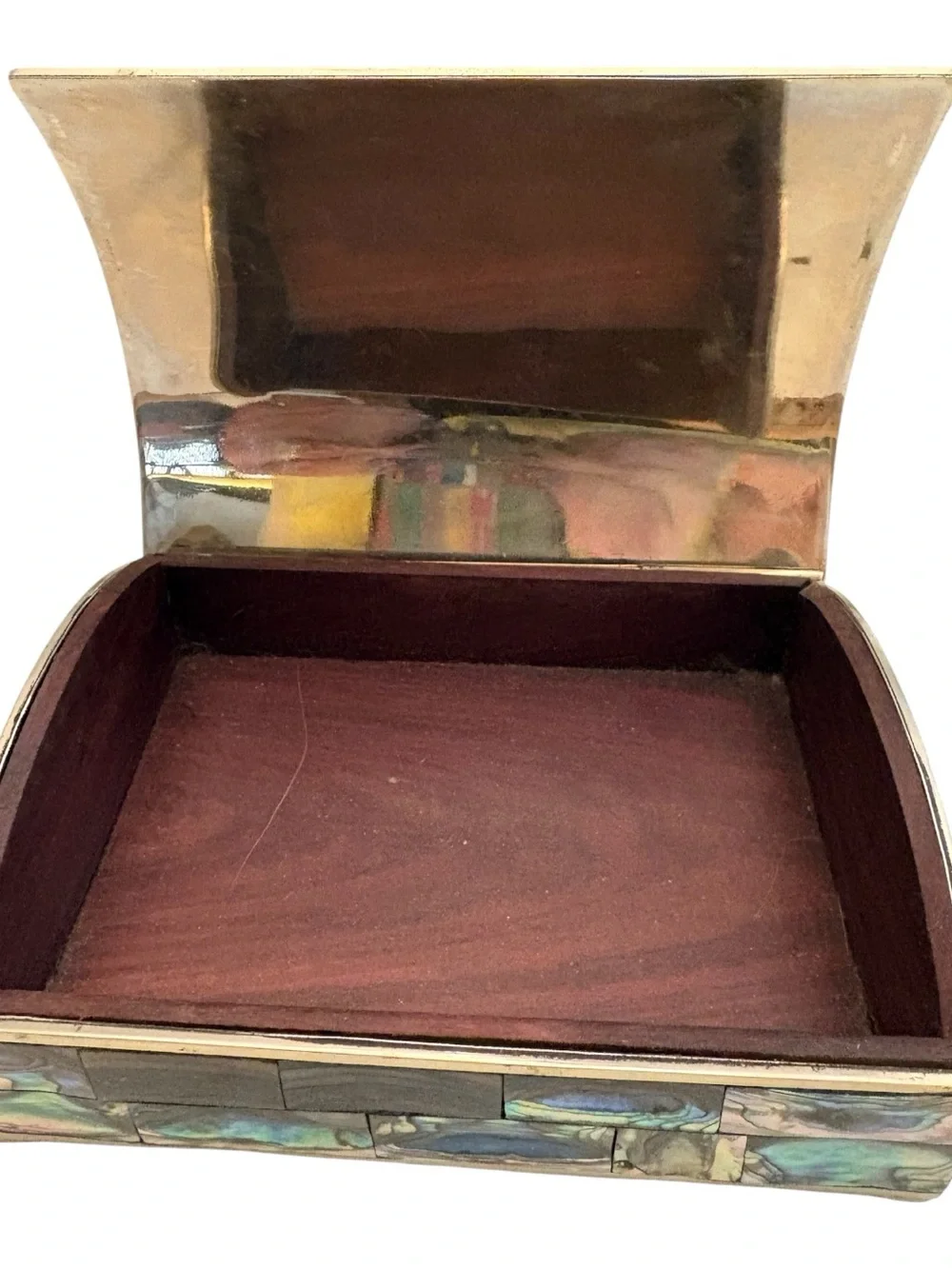 Vintage Mid-Century Mexican Abalone Mosaic Jewelry Box Rosewood Lined Hinge